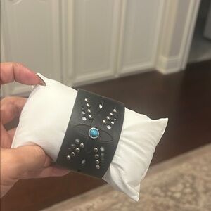 Black Genuine Leather Cuff Bracelet with Turquoise Accent